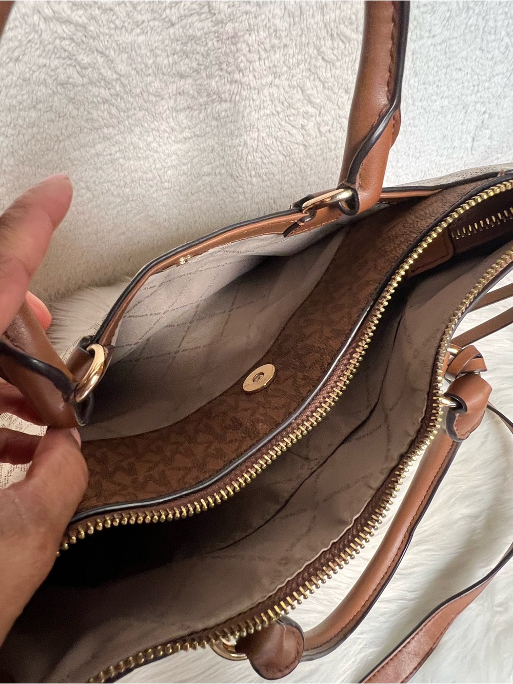 Michael Kors Cream and Brown Signature Satchel with Shoulder Strap - Picture 7 of 9